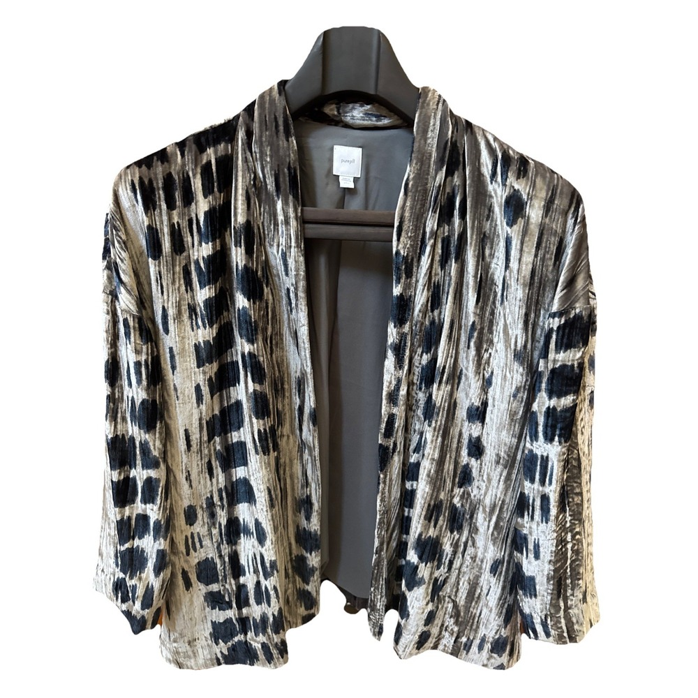 Pure Jill Silver Gray Crushed Velvet Open Front Cardigan Petite Large Ikat Print